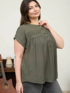 Plus Eyelet Trim Half Button Short Sleeve Top