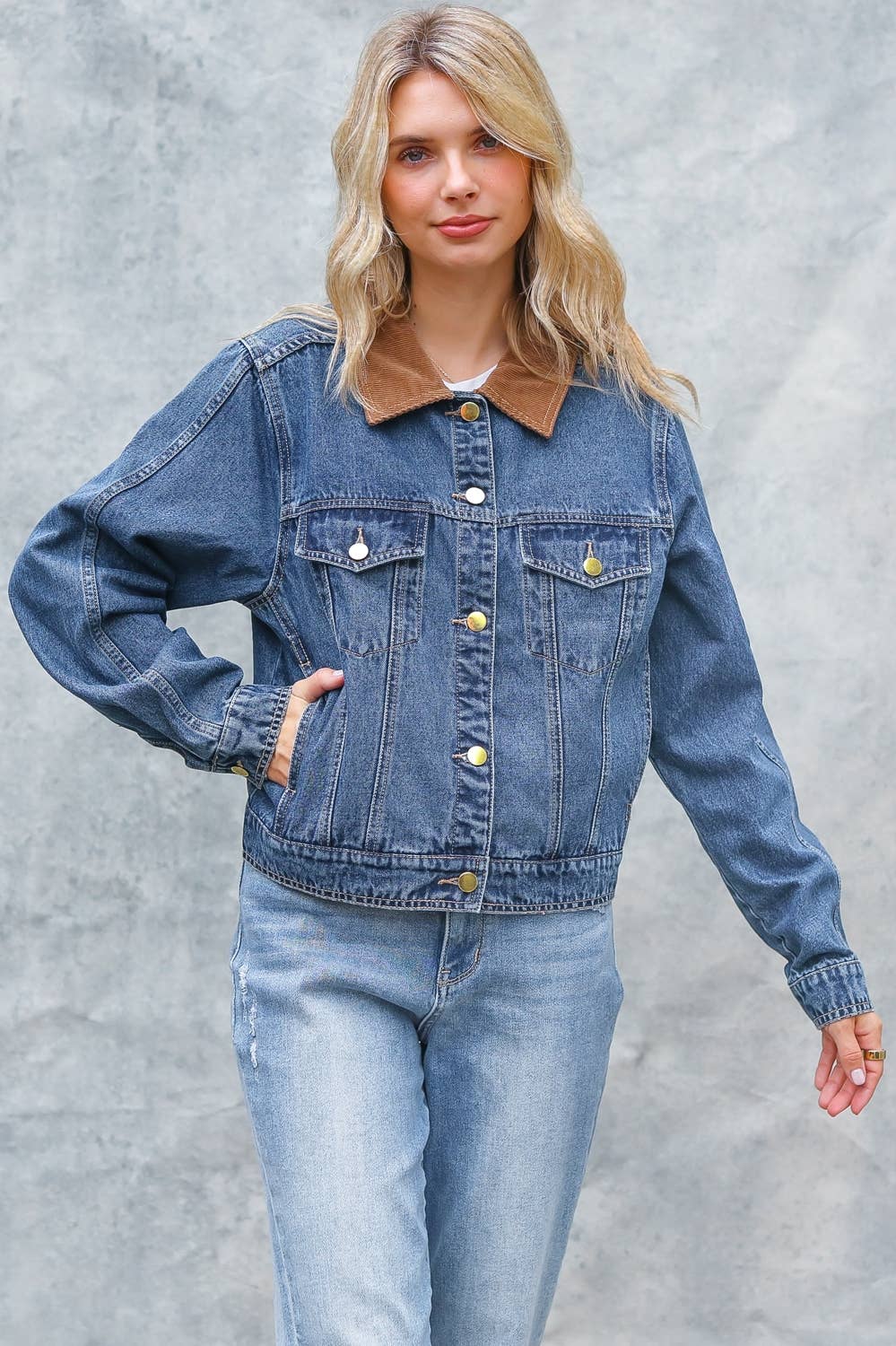 PLUS CORDUROY COLLAR BUTTON DOWN DENIM JACKET