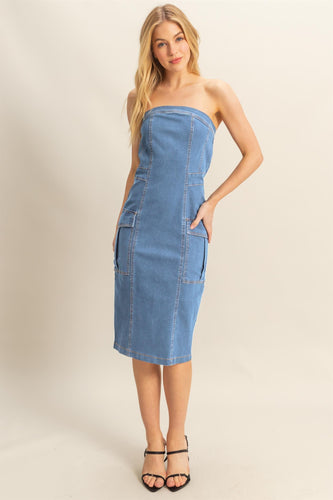 Enzyme Wash Stretchy Denim Midi Dress