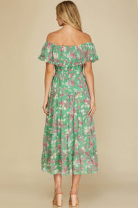 Off Shoulder Ruffled Woven Print Dress
