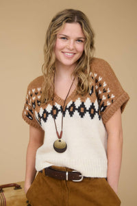 FAIR ISLE V NECK SHORT SLEEVE KNIT SWEATER