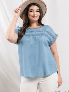 Chambray Lace Trim Short Sleeve Top