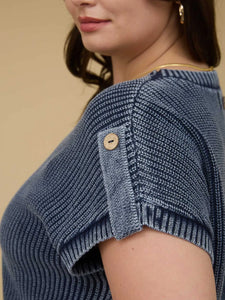 Plus Washed Knit Short Tab Sleeve Pullover Sweater