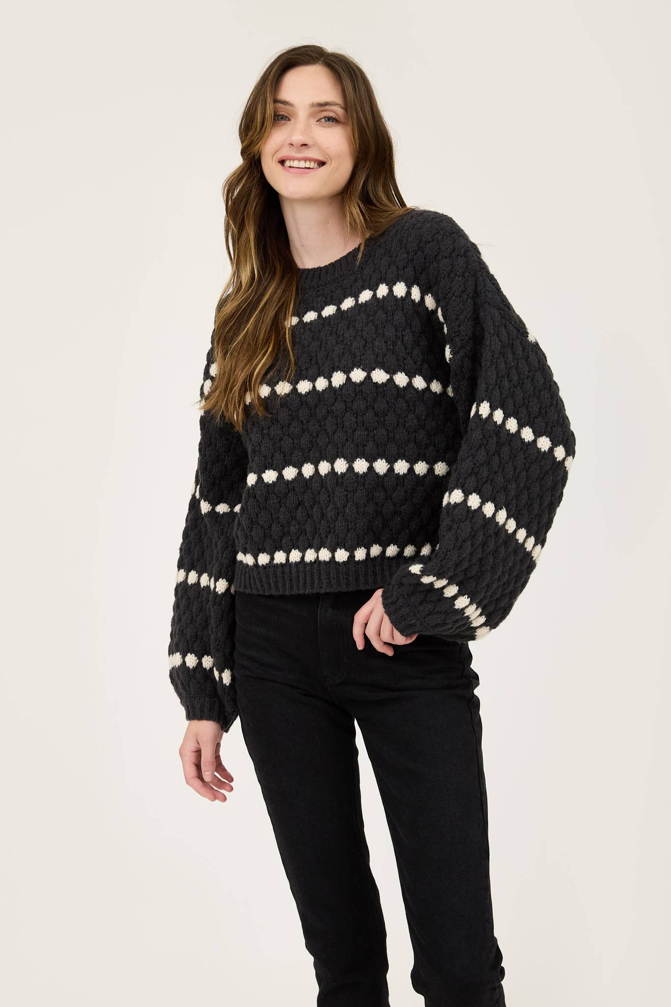 STRIPE OVERSIZED BALLOON SLEEVE KNIT SWEATER
