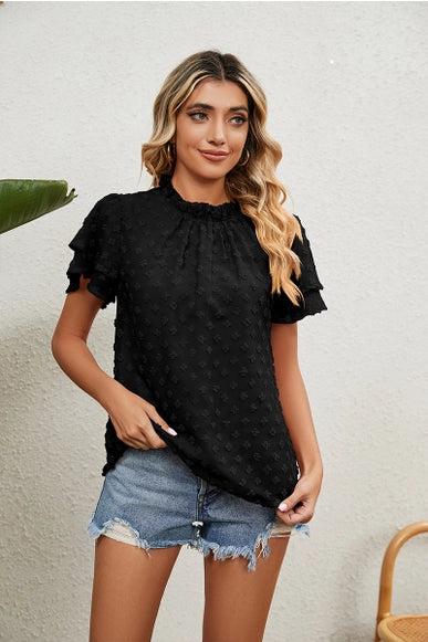 Ruffled Round Neck Jacquard Weave Chiffon Blouse