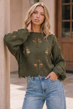 Load image into Gallery viewer, OLIVE DISTRESSED CROP LONG SLEEVE SWEATER