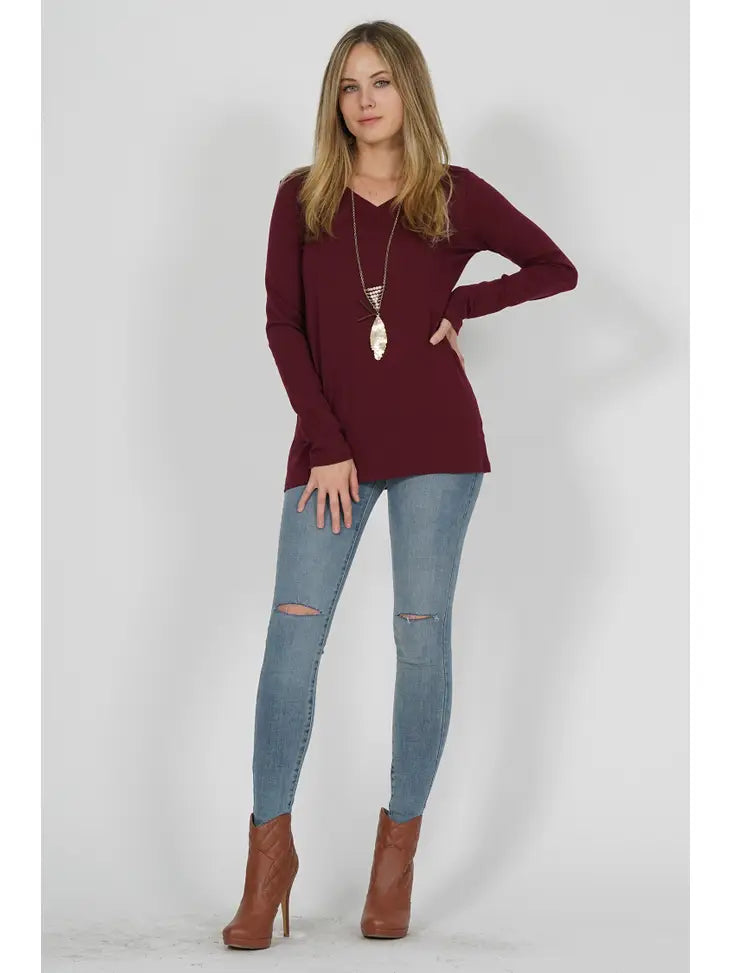 Cotton V- Neck Long Sleeve T-Shirt