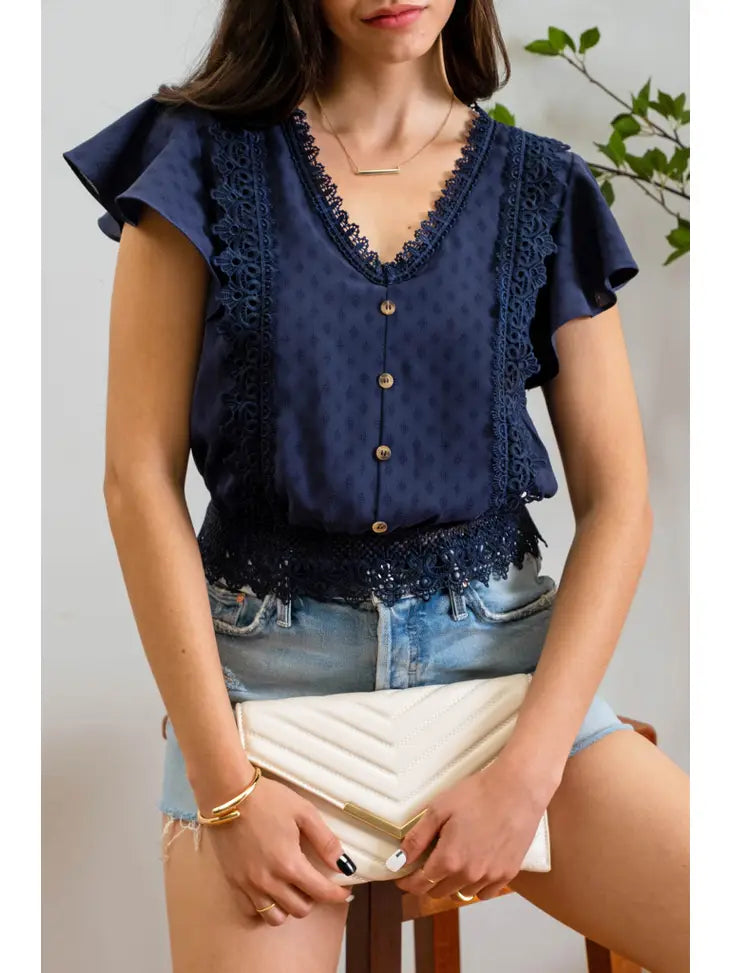 Lace Trim V Neck Woven Top