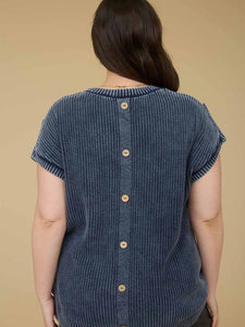 Plus Washed Knit Short Tab Sleeve Pullover Sweater