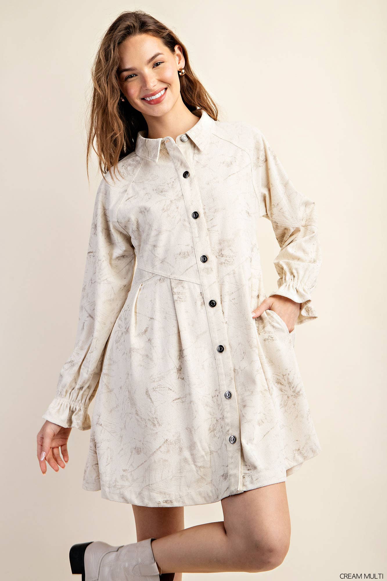 SUBTLE PUFF SLEEVES BUTTON FRONT MINI DRESS