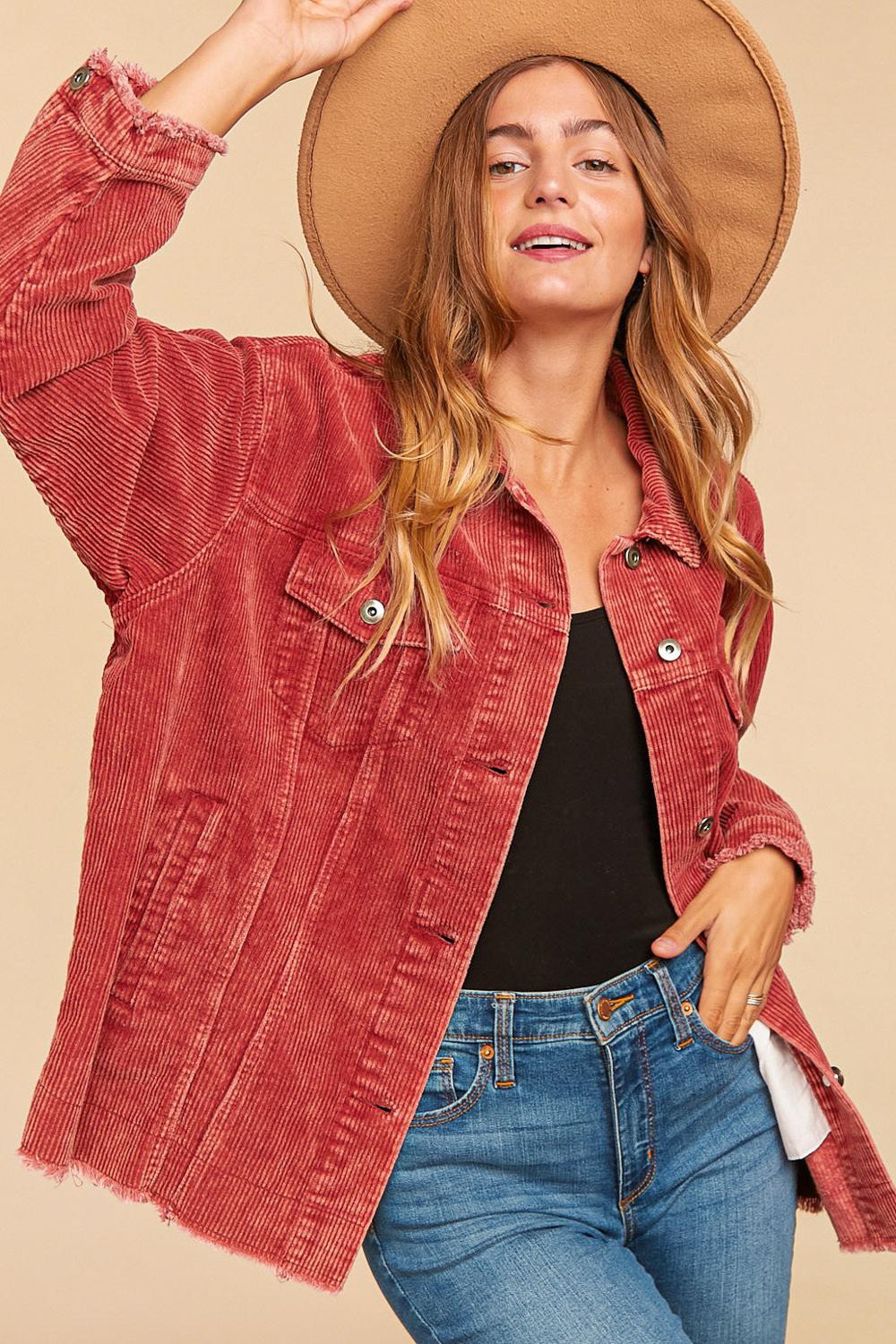 PLUS CORDUROY WASHED DISTRESSED BUTTON JACKET