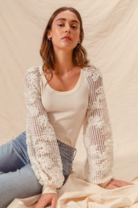 Rib Knit Top With Lace Balloon Sleeves