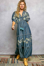 Load image into Gallery viewer, Embroidery Ruffle Neck Loop Cotton Denim V-neck Long Dress