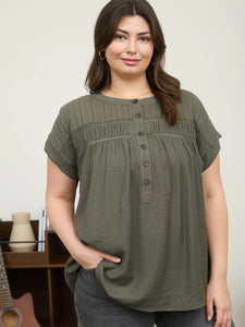 Plus Eyelet Trim Half Button Short Sleeve Top