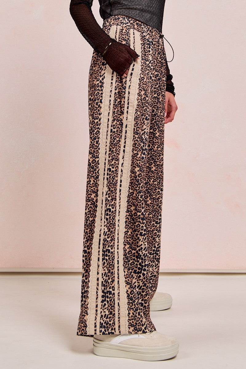 Leopard Printed Track Pants Side Contrast Lace