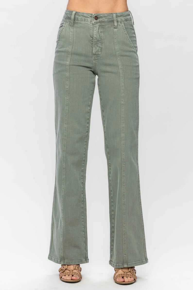 HIGH WAIST SAGE GARMENT DYED FRONT SEAM STRAIGHT FIT JEANS