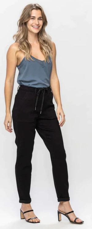 HIGH WAIST JET BLACK DOUBLE ROLL CUFF JOGGER
