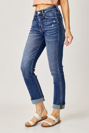 Mid Rise Cuffed Straight Jeans