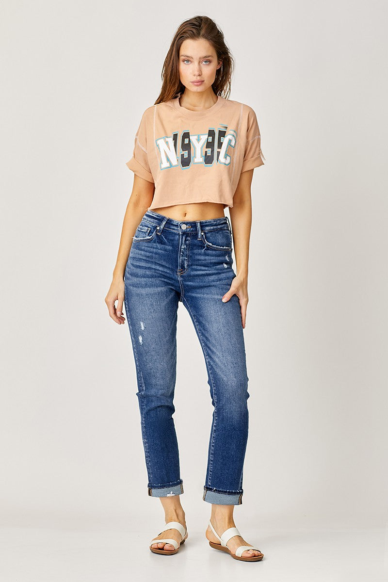Mid Rise Cuffed Straight Jeans