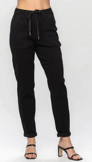 HIGH WAIST JET BLACK DOUBLE ROLL CUFF JOGGER