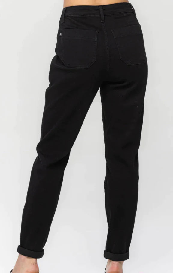 HIGH WAIST JET BLACK DOUBLE ROLL CUFF JOGGER