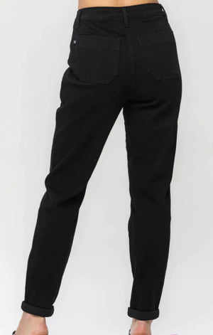 HIGH WAIST JET BLACK DOUBLE ROLL CUFF JOGGER