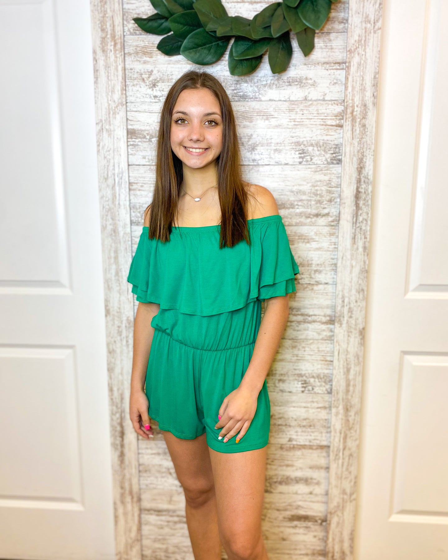 GREEN OFF SHOULDER SOLID ROMPER