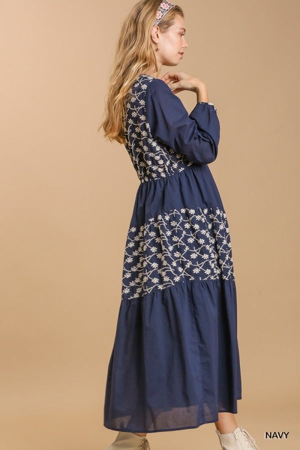 Floral Embroidery V-Neck Long Sleeve Maxi Tiered Dress Open Back with Lining