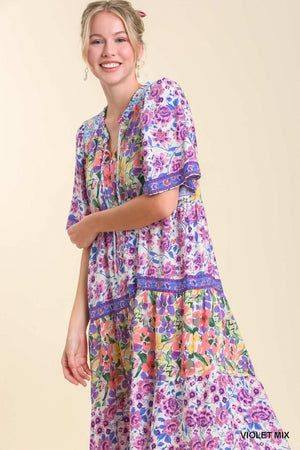 Short Sleeve Mixed Floral Print Round Neck Maxi Dress