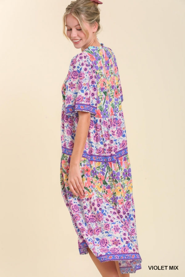 Short Sleeve Mixed Floral Print Round Neck Maxi Dress