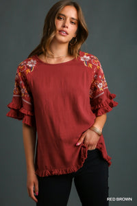 Linen Blend Top with Embroidery Bell Sleeve
