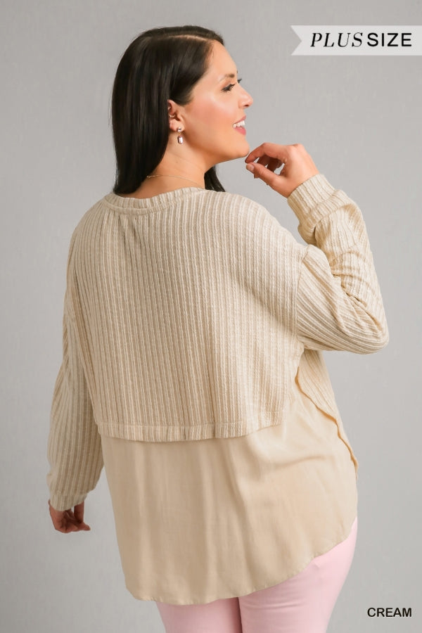 Ribbed Knit Long Sleeve Round Neck Top
