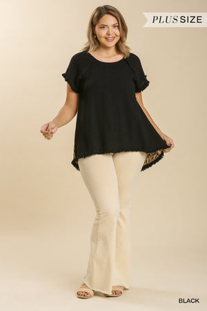 Short Ruffle Sleeve Round Neck Top With Animal Print Back