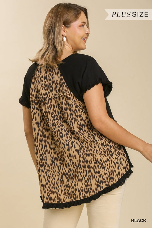 Short Ruffle Sleeve Round Neck Top With Animal Print Back