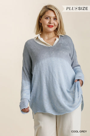 Dip Dye Loose Knit Sweater with Side Slits and High Low Hem