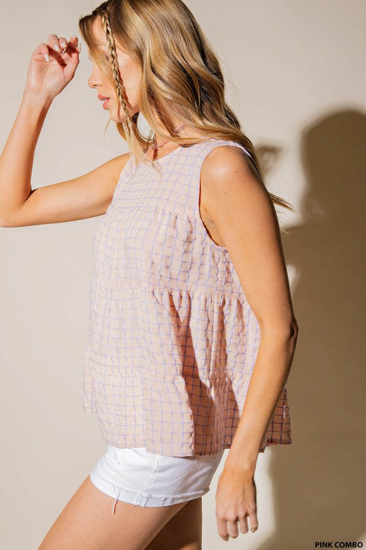 SOFT RAYON GRID TEXTURE FABRIC SLEEVELESS TOP