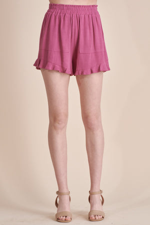 Linen Ruffled Shorts Elastic Waist with Pocket