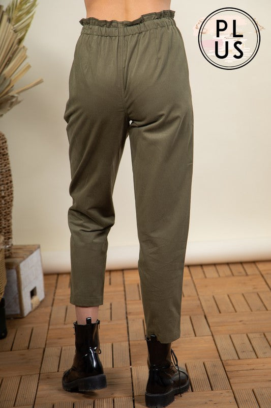 Solid cotton paper bag pleated pants