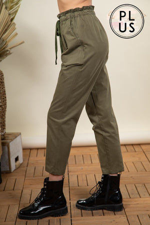 Solid cotton paper bag pleated pants