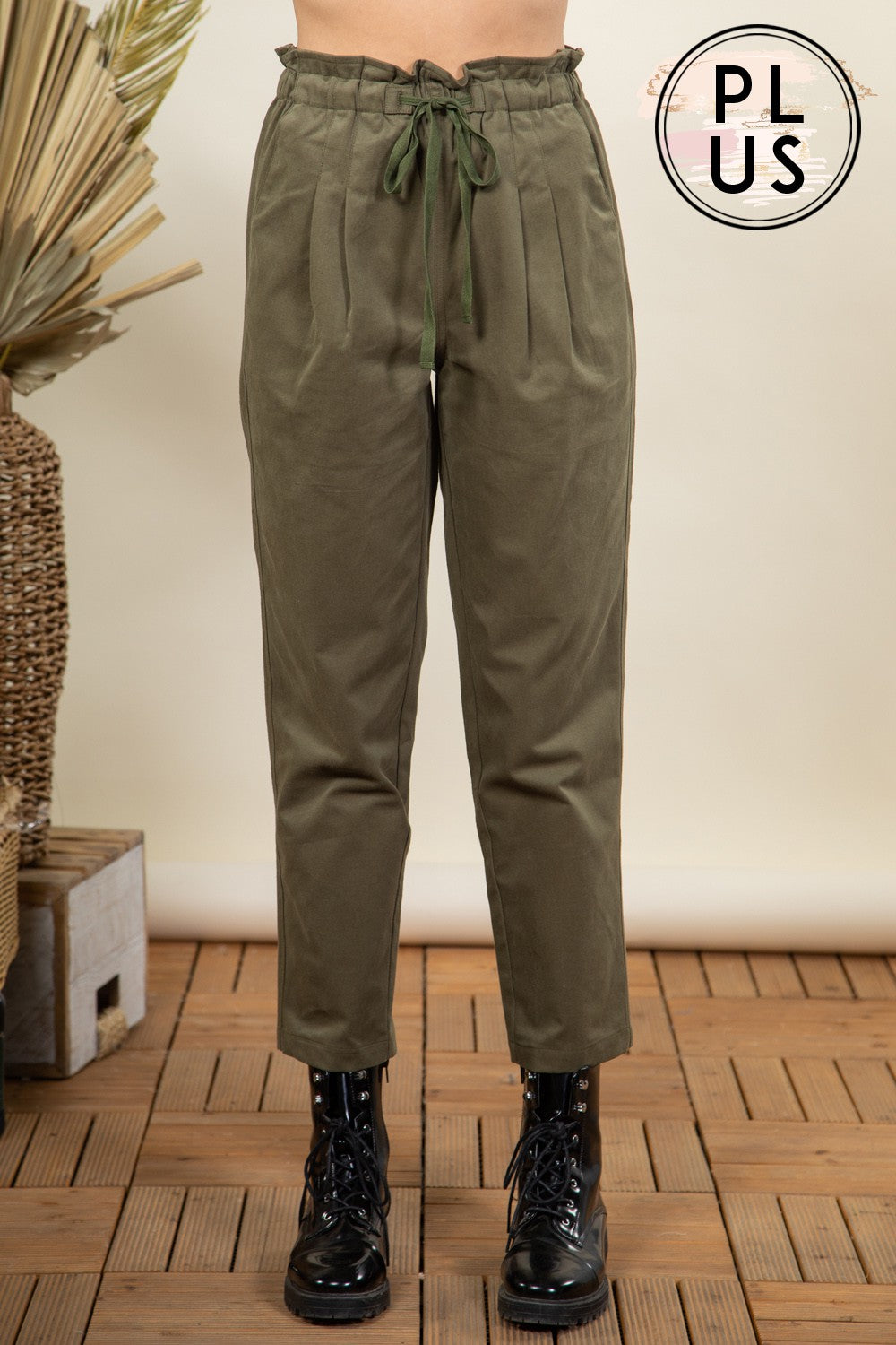 Solid cotton paper bag pleated pants
