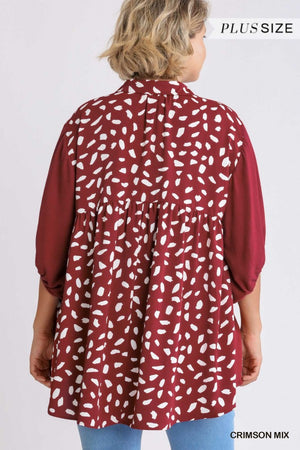 Linen Blend Animal Print Collar Button Down Tunic Dress with Tiered Back