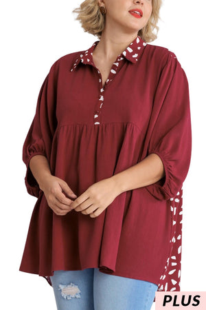 Linen Blend Animal Print Collar Button Down Tunic Dress with Tiered Back