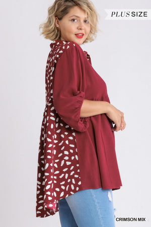 Linen Blend Animal Print Collar Button Down Tunic Dress with Tiered Back