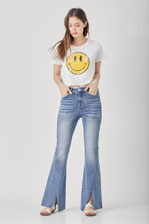 HIGH RISE TWISTED HEM FLARE JEANS