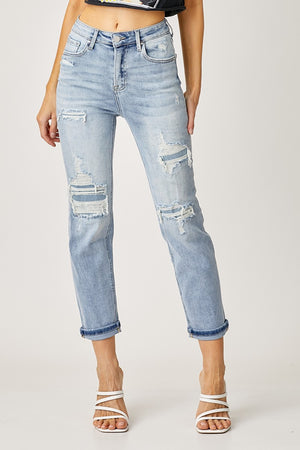 HIGH RISE PATCHED STRAIGHT JEANS