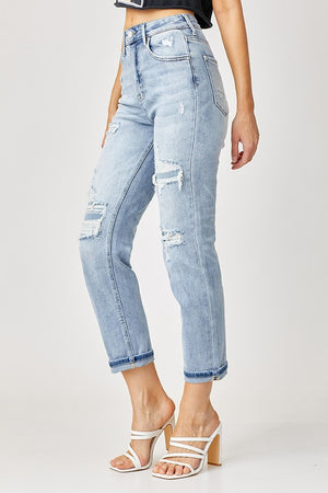 HIGH RISE PATCHED STRAIGHT JEANS