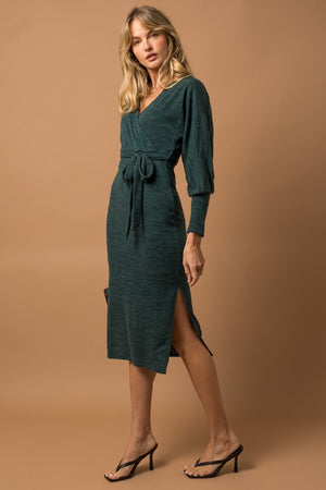 L/S Surplice Waist Tie Side Slit Midi Dress