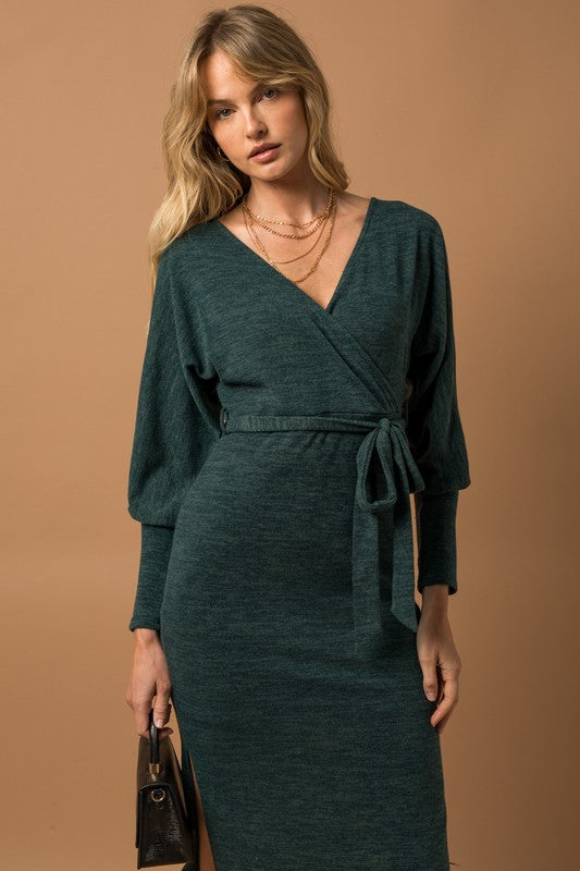 L/S Surplice Waist Tie Side Slit Midi Dress