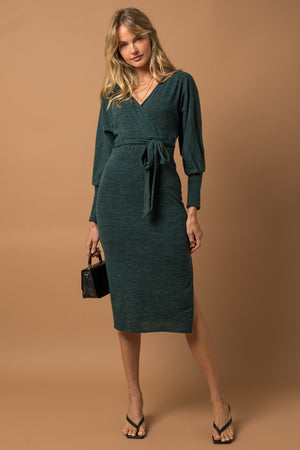 L/S Surplice Waist Tie Side Slit Midi Dress