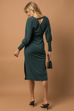 L/S Surplice Waist Tie Side Slit Midi Dress
